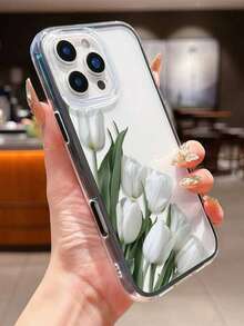 1pc Creative White Tulip Aesthetic Pattern 2-In-1 Black Frame Transparent Full Coverage Shockproof TPU Fashion Phone Case Compatible With Apple 11 12 13 14 15 16 17 Pro Max/Plus Shock-Absorbing Protective Cover - Multicolor - View 4