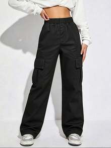 1pc Tween Girls' Fashionable Solid Color Loose Fit Cargo Pants With Multiple Pockets, Comfortable For Spring & Autumn - Black - View 3