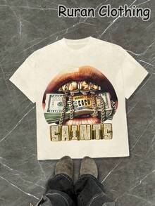 Money And Gold Teeth Y2K (Cotton T-Shirt) Men's Round Neck Pure Cotton Casual Tee, Loose Fit, Versatile, Unisex - 杏色3 - 查看 1
