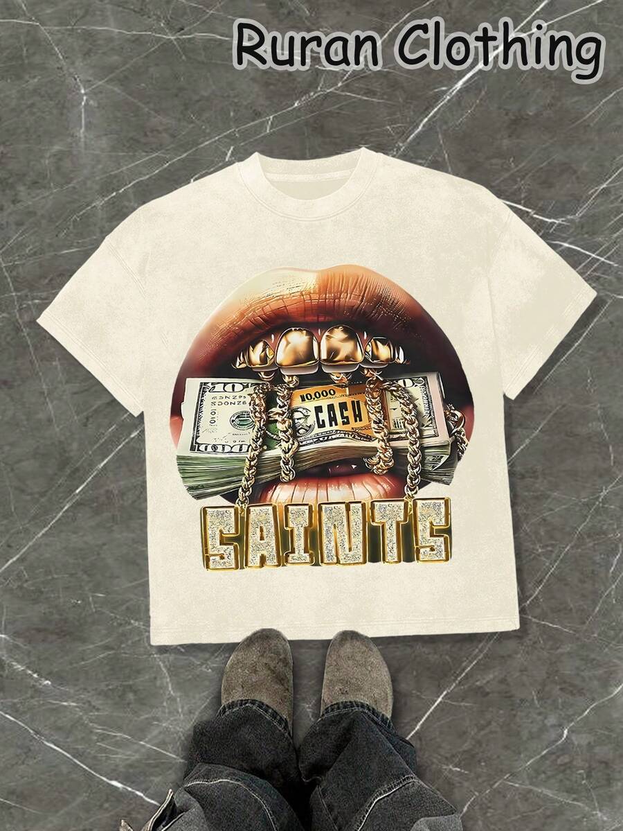 Money And Gold Teeth Y2K (Cotton T-Shirt) Men's Round Neck Pure Cotton Casual Tee, Loose Fit, Versatile, Unisex - 杏色3 - 查看 1