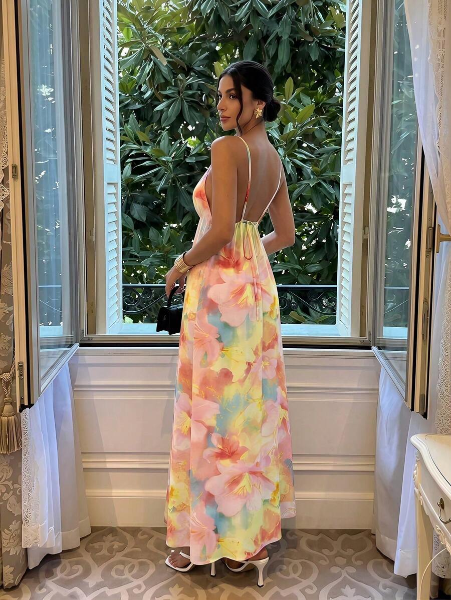 Vestido de verano suelto con estampado floral, tirantes finos y espalda descubierta, para vacaciones y días festivos, color amarillo mantequilla, vestidos de verano para mujer - Multicolor 2 - Ver 1