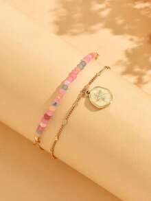 2pcs/Set Estilo Vacaciones de Playa Conjunto de Tobilleras Decorativas con Colgante de Estrella de Mar con Strass Rosa y Efecto Goteo de Aceite Blanco, Joyería de Pie de Mujer Dorada de Moda, Adecuada para Uso Diario, Vacaciones de Playa, Citas, Fiestas, Festival de Música, El Color del Strass es Aleatorio - Multicolor - Ver 3
