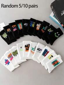 5/10 Pairs Spring/Summer Unisex Mixed Black & White Graffiti Street Style Casual Crew Socks, Simple Fashion Versatile Sweat-Absorbent Breathable Mid-Calf Socks For Couples - Multicolor - View 1