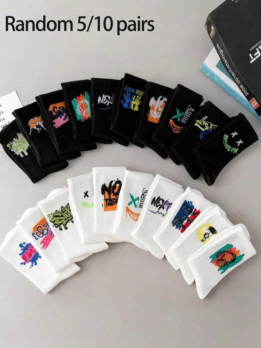 5/10 Pairs Spring/Summer Unisex Mixed Black & White Graffiti Street Style Casual Crew Socks, Simple Fashion Versatile Sweat-Absorbent Breathable Mid-Calf Socks For Couples - Multicolor - View 1