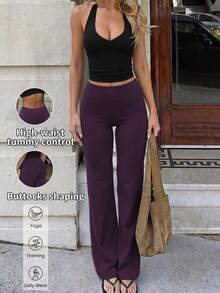 1 Pair Of Women's Loose-Fitting, Solid-Color Wide-Leg Yoga Pants, Comfortable And Versatile, Suitable For Running, Working Out, And Yoga In Spring - Purple - View 2