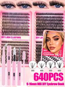 Large Capacity Eyelash Book 640pcs Soft D Curl Cluster False Eyelashes, Mixed 30D/40D/50D/60D 9-16mm, Fluffy Dense DIY Lash Extensions, Suitable For Beginners, Daily, Dramatic And Cosplay Makeup - Black - View 2