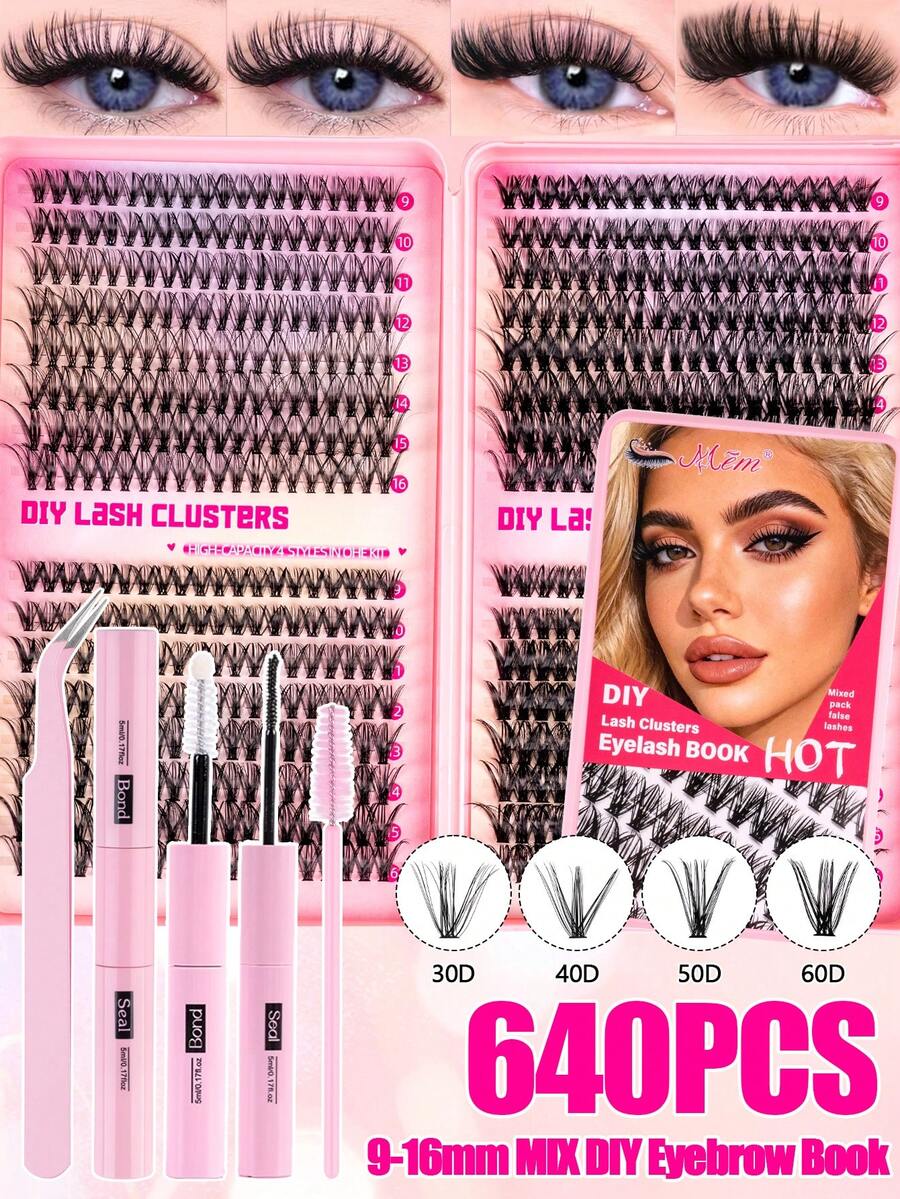 Large Capacity Eyelash Book 640pcs Soft D Curl Cluster False Eyelashes, Mixed 30D/40D/50D/60D 9-16mm, Fluffy Dense DIY Lash Extensions, Suitable For Beginners, Daily, Dramatic And Cosplay Makeup