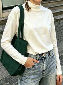 Girls Mock Neck Long Sleeve Tee, Slim Fit Solid Color Basic Fall Casual T-Shirt - White - View 2
