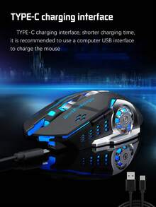 1 Pieza Ratón De Juego Inalámbrico Recargable 2.4g Silencioso Con Puerto De Carga Tipo-c Y Retroiluminación Rgb Para Uso En La Oficina Y El Hogar, Compatible Con Computadora De Escritorio Y Portátil - Negro - Ver 6