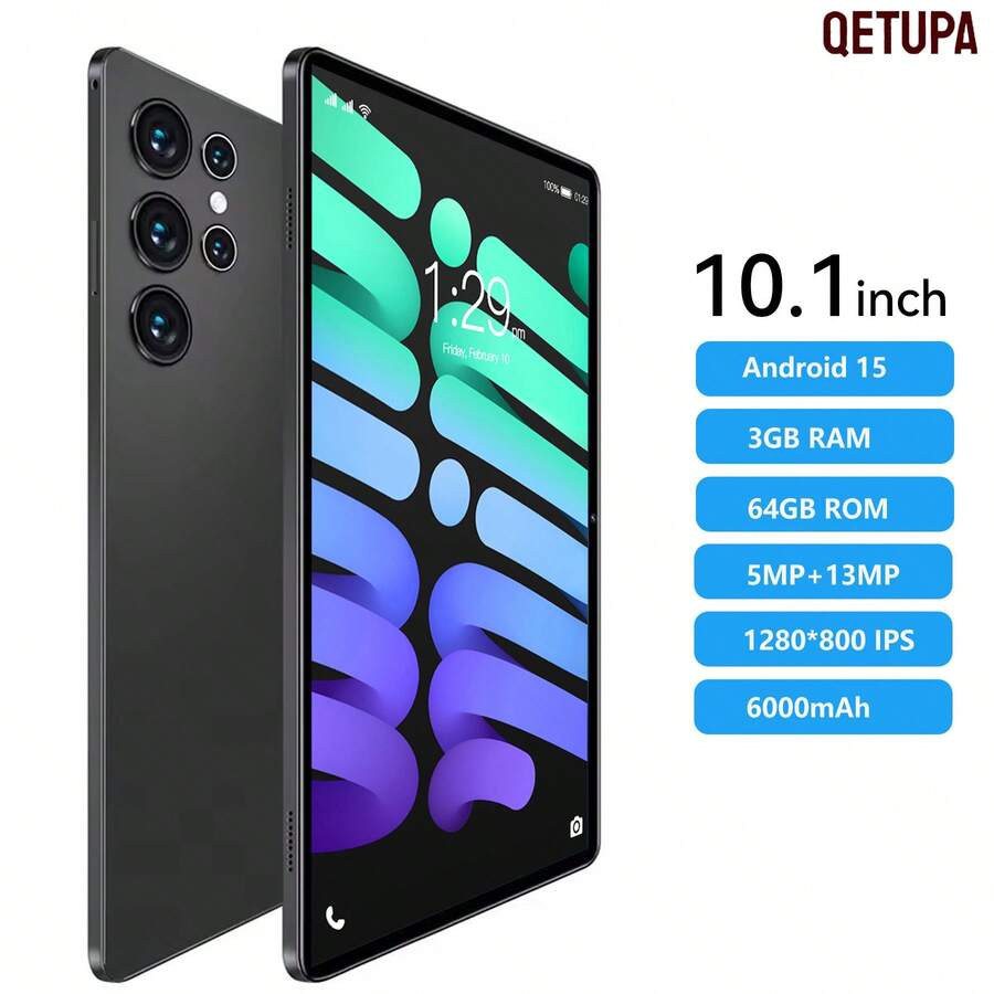 Qetupa 10.1-Inch Android 15 Z50 Tablet PC, 3GB RAM + 64GB ROM, MTK 6755 Octa-Core 1.8GHz Processor, HD (1280x800) IPS Touchscreen, 5MP Front Camera And 13MP Rear Camera, 6000mAh Large Battery, No SIM Card Slot, Supports Reading And Gaming. Lightweight And Durable Design With Reinforced Glass, Enjoy Entertainment Anytime Anywhere (Adapter Not Included) - Black - View 1