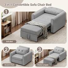 Single Sofa Bed, Convertible Linen Sleeper Sofa Chair With Storage Pockets, 3 Adjustable Backrest, 3-In-1 Pull Out Sofa Bed For Living Room, Bedroom, Light Grey - Light Grey - View 6
