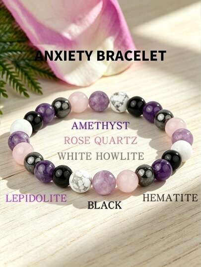 YAUKIA Handmade Natural Stone Round Bead Bracelet With Black Agate, Rose Quartz, Lithium Mica, Howlite, Hematite, Used For Anxiety Relief, Stress Reduction