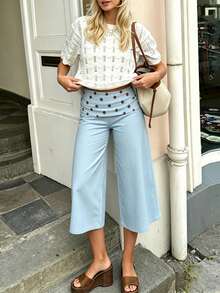 Fold Over Wide Leg Capri Pants For Women Low Rise Lounge Yoga Flare Culottes Y2k Flowy Crop Palazzo Pants - 淺藍色 - 查看 5