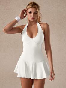 TimeOff Women's One Piece Solid Color Halter Neck Backless Pocket Lined Shorts Sports Romper - White - View 8