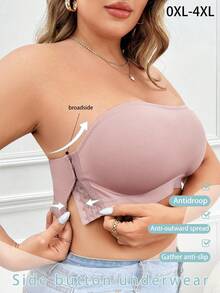 Plus Size Women Side Button Bra, Soft & Comfortable Wireless Bandeau Bra - Apricot - View 5