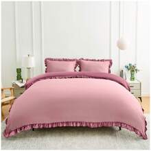 VELVETIO Luxury Kendrick Frill Duvet Cover Set Reversible Bedding Set Soft Smooth Lightweight Microfiber Polyester With Matching Pillow Cases Elegant Ruffle Edge Plain Design Single Double King - Baby Pink/Dusky Pink - View 2