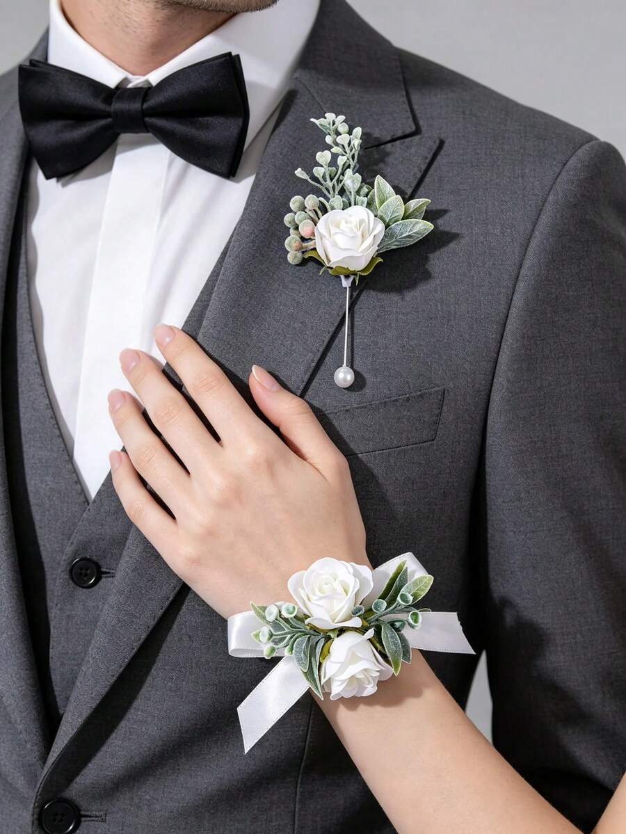1pc/2Pcs White Frosted Greenery Rose Boutonniere & Pearl Beaded Wrist Corsage Set, Wedding Groomsman Bridesmaid Formal Prom Suit Accessories - Multicolor - View 1