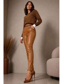 Women's Faux Leather Pants With Belt, Skinny/Straight, High Waist, Winter Leather Pants. - 駝色 - 查看 3