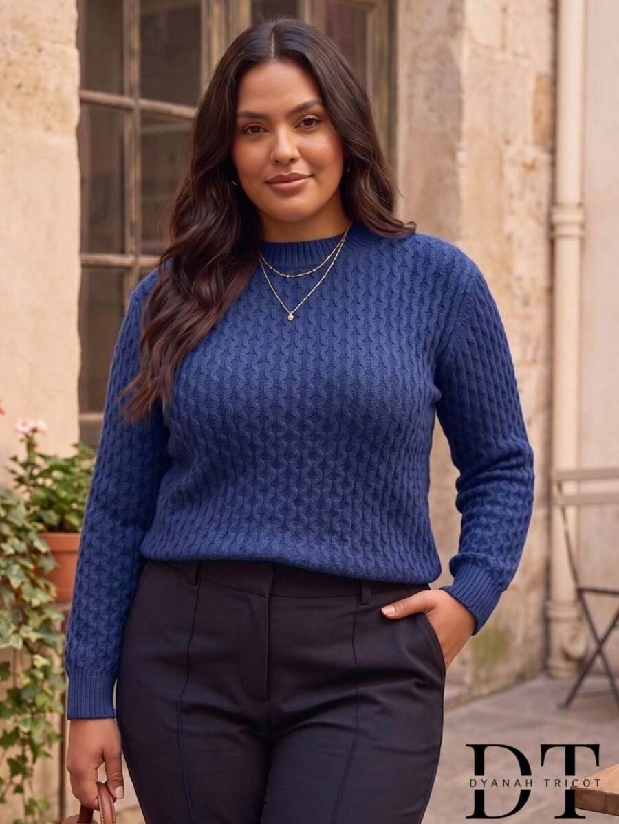 Women's Plus Size Elegant Long Sleeve Ribbed Knit Sweater - Winter Fashion - Navy Blue - View 1
