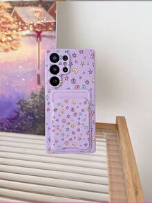1 pieza Funda de teléfono TPU púrpura estilo Ins color caramelo con diseño floral de mariposa cobertura completa a prueba de golpes y 1 pieza soporte de tarjeta adhesivo púrpura estilo Ins color caramelo con diseño floral de mariposa, nueva 2 en 1 cobertura completa protectora a prueba de polvo y agua carcasa blanda compatible con Samsung/Oppoe/ - Multicolor - Ver 5
