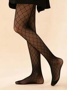 3pcs/Set Women's Fishnet Stockings, Sexy Plus Size Mesh Diamond Pattern Lace-Up Fishnet Stockings, Hollow Mesh Tights Breathable Cool Comfortable Fishnet Stockings Women's Solid Color Elastic Non-Binding Vintage Diamond Pattern Knit Anti-Snag Leggings Tights - Black - View 7
