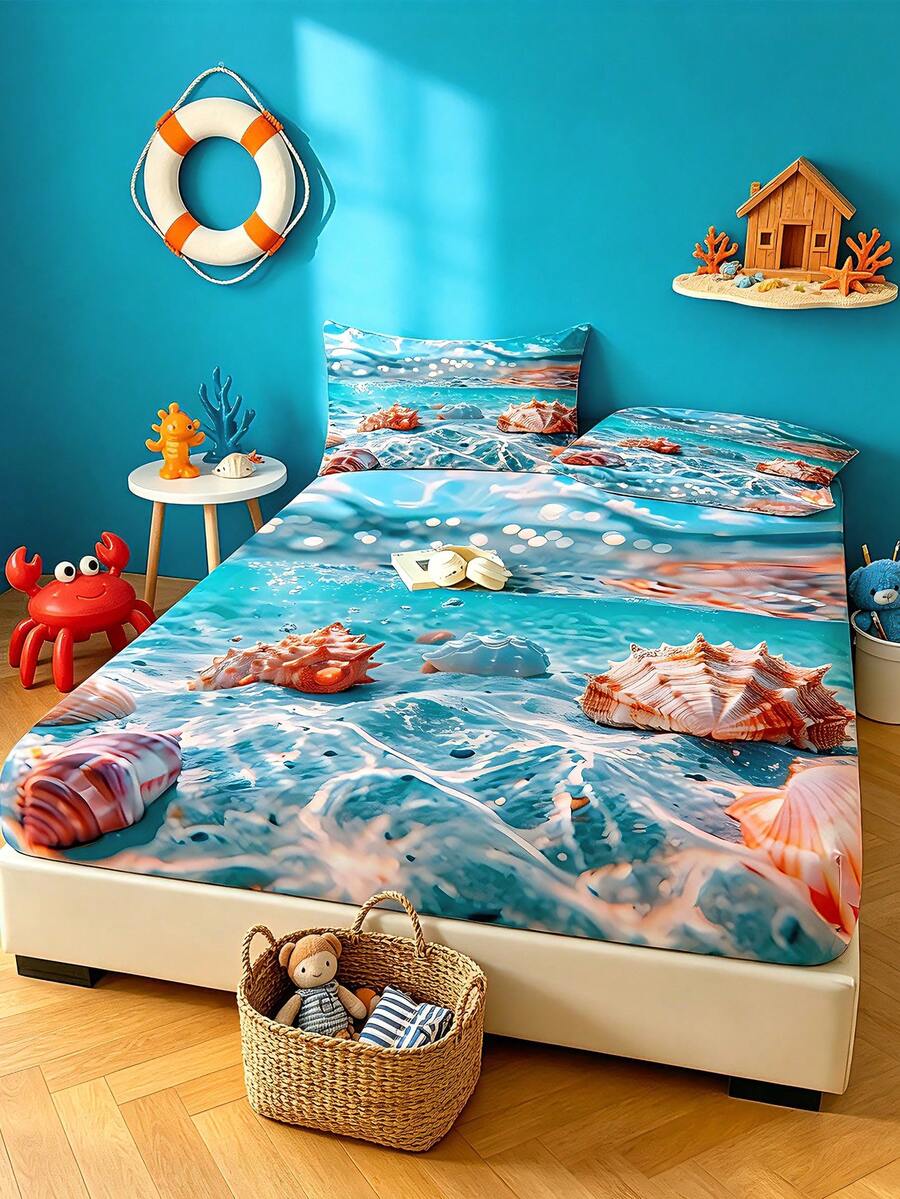 1件海洋海灘主題床笠（僅含床笠，不含枕套），適用於雙人/全尺寸/大號/特大號床鋪。臥室、客房、學校宿舍、酒店四季床墊保護套，送給父母、朋友、伴侶的禮物 - 彩色 - 查看 1