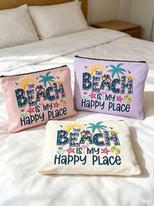 "Beach Is My Happy Place" Tropical Beach Theme Zipper Makeup Bag For Women, Portable Travel Toiletry Bag Organizer For Cosmetics And Toiletries, 6 Colors Available, Portable Organizer Bag, Beach Bag, Travel Bag, Travel Makeup Bag, Summer Vacation Accessory And Back To School Gift, Perfect For Birthday, Thanksgiving - Multicolor - View 3