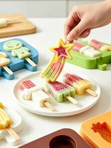1set Space Shape Silicone Popsicle Mold, Durable Reusable With Lid For Summer Frozen Dessert, Rainbow Meteor 3-Cavity Design, DIY Craft Home Decor Handmade Gift, Valentine's Day Mother's Day Christmas - Green - View 7
