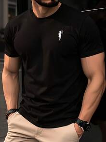 TT165 Camiseta de manga corta para hombre, sencilla, casual, versátil, con estampado de caballo, 100 % algodón - Negro - Ver 1
