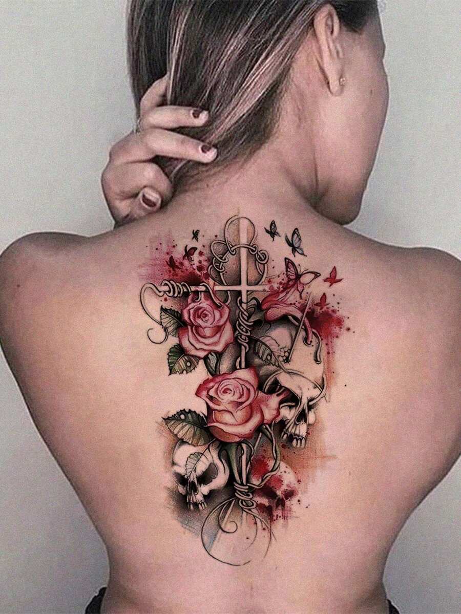 1pc Sexy Y2K Style Pink Rose Flower Print Skull Art Tattoo Temporary Tattoo, Unisex Disposable Tattoo Sticker, Suitable For Daily, Travel, Beach Body, Art Decoration, DIY Gift Sticker - Multicolor - View 1
