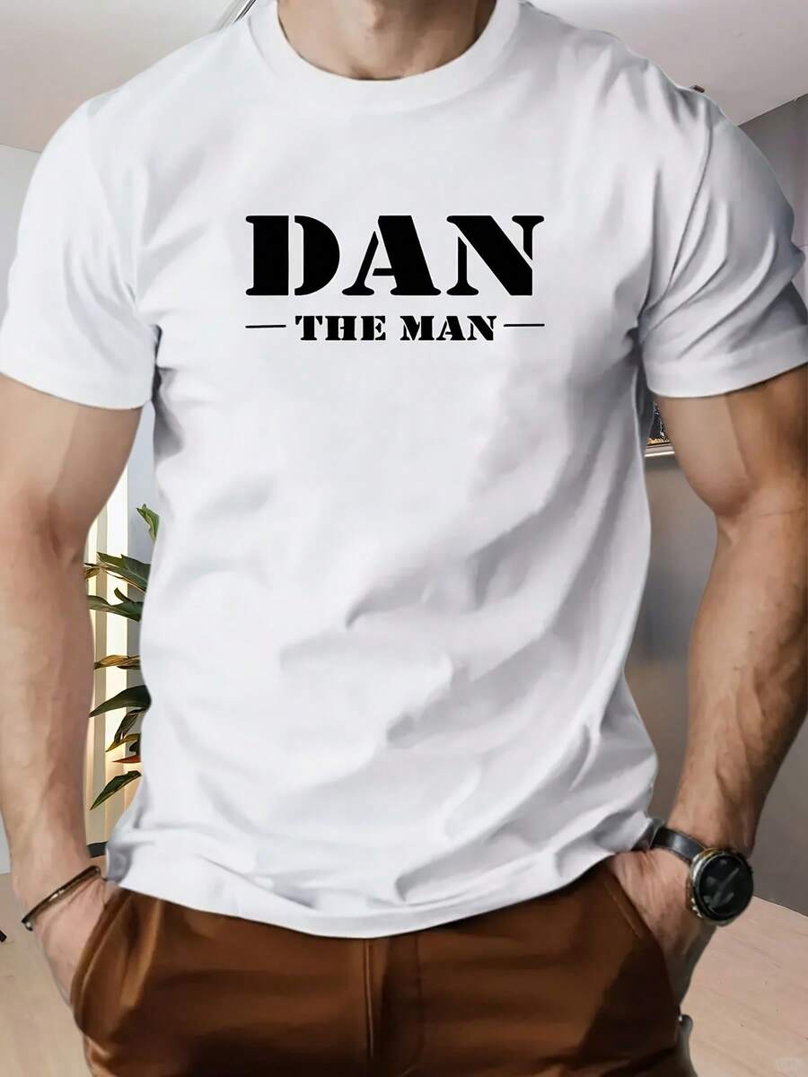 Men's Casual Sports T-Shirt With DAN Graphic Print, Crew Neck, Machine Washable, Regular Fit, Breathable Fabric, For Everyday, Outdoor And Casual Wear - 白色 - 查看 1