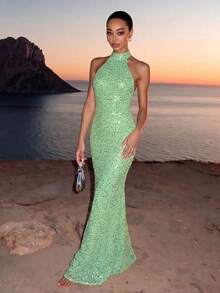 Vestido elegante y brillante sin espalda para mujeres, para ocasiones románticas, de fiesta, boda, graduación y eventos formales de primavera - verde menta - Ver 8