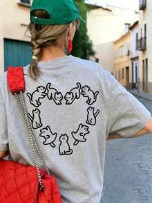 Heart Cat Pattern T-Shirt, Cute Minimalist Print T-Shirt, Cat Lover Aesthetic Casual Short Sleeve, Playful Cute Style Top Summer - Grey - View 8