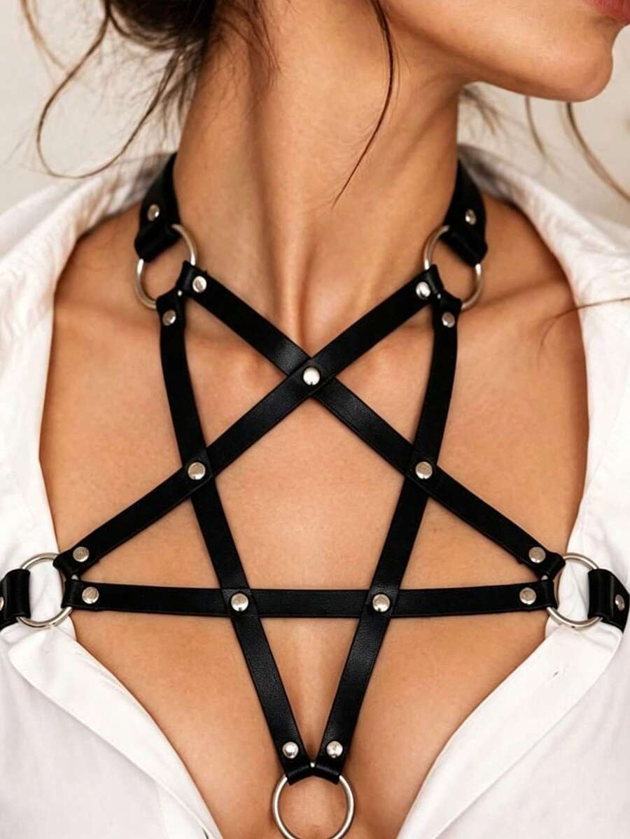 1 pièce Harnais de corps noir foncé personnalisé pour femmes, style punk gothique, avec bretelles licou et étoile, adapté pour les performances sur scène, les festivals de musique, les séances photo, les fêtes et les raves - Noir - Voir 1
