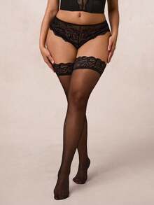 1 Pair Plus Size Sheer Contrast Lace Stockings – Sexy Over Knee Socks For Women - Multicolor - View 5