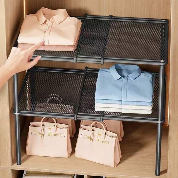 Retractable & Stackable Metal Closet Storage Shelf - Expandable Cabinet Divider, No-Drill Wardrobe Layered Organizer, Foldable Space-Saving, For Clothes, Bags, Quilts In Bedroom Closet Wardrobe Coat Rack