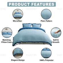 VELVETIO Luxury Kendrick Frill Duvet Cover Set Reversible Bedding Set Soft Smooth Lightweight Microfiber Polyester With Matching Pillow Cases Elegant Ruffle Edge Plain Design Single Double King - Blue/Denim Blue - View 3