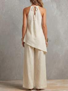 Conjunto de 2 piezas para mujer con top sin mangas de cuello halter y pantalones de pierna ancha en color beige, elegante conjunto de punto acanalado con caída para ir al trabajo, conjunto elegante de verano para mujer - Albaricoque - Ver 2