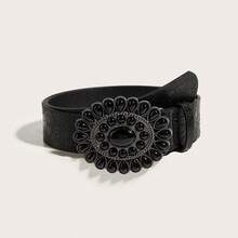 1pc Women's Turquoise Round Buckle Coffee Velvet Waist Belt, Suitable For Daily Use - Black - View 8