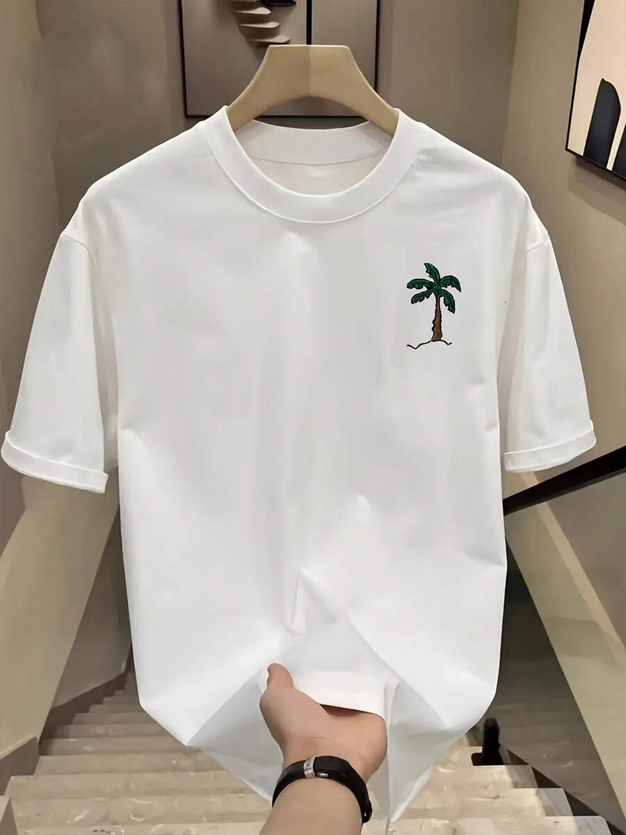 Maglietta Uomo Estiva 100% Cotone 180g Traspirante Collo Tondo, T-Shirt Taglio Regolare Stampa Palma Petto Sinistro Leggera Uso Quotidiano - White - View 1