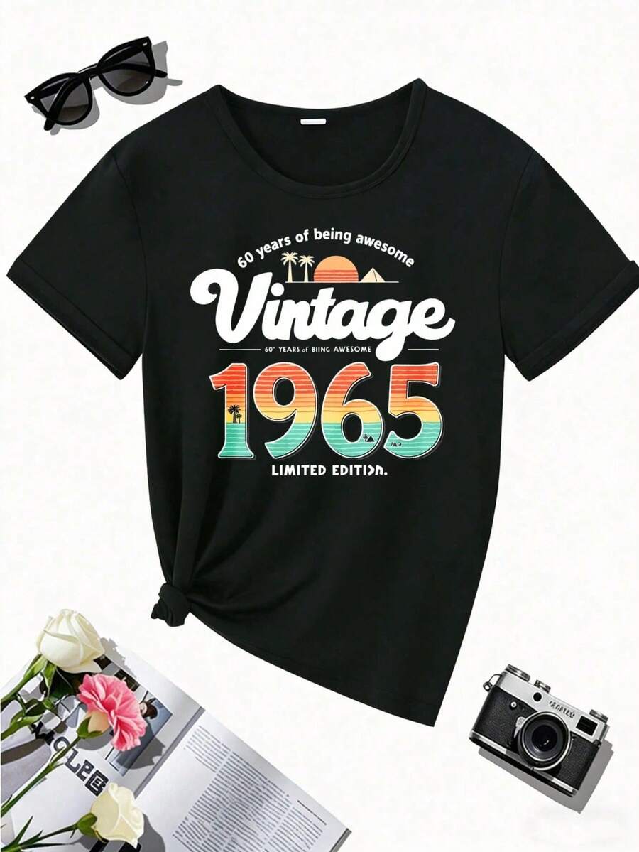 Camiseta gr£fica retro vintage "60 a￱os de ser incre￭ble" 1965 - Camiseta de mujer de manga corta y cuello redondo casual con estampado geom￩trico