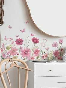 1pc Colorful Floral & Butterfly Wall Decal,Stickers,Wall Decal, Vinyl Decal For Home Decorations,Spring Decoration Items Refresh Your Home,Rama Decoration Stickers Gifts Birthday Graduation - Pink Flowers - View 1