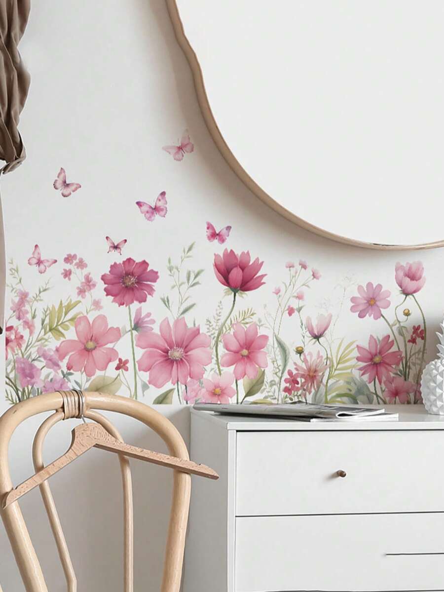 1pc Colorful Floral & Butterfly Wall Decal,Stickers,Wall Decal, Vinyl Decal For Home Decorations,Spring Decoration Items Refresh Your Home,Rama Decoration Stickers Gifts Birthday Graduation - Pink Flowers - View 1