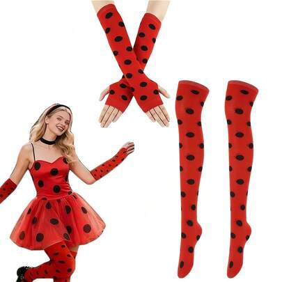 2 Sets Ladybug Costume Set, Cute Ladybug Makeup Party Decoration Props, Red And Black Polka Dot Pattern Tights, Fingerless Gloves, Suitable For Family Gatherings, Christmas, Carnival, New Year And Halloween