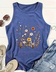 Women Sleeveless Tank Top, Vintage Wildflower Print, Racerback Loose Fit, Soft Cotton Mid-Length Vest; Boho, Daily/Vacation/Layering Casual Wear - 寶藍色 - 查看 4