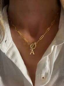 1pc Women's Initial Letter Necklace, Uppercase CZ A-Z Letter, Gold Necklace, Thick OT Clasp Choker, Hip Hop Jewelry - Gold - View 1