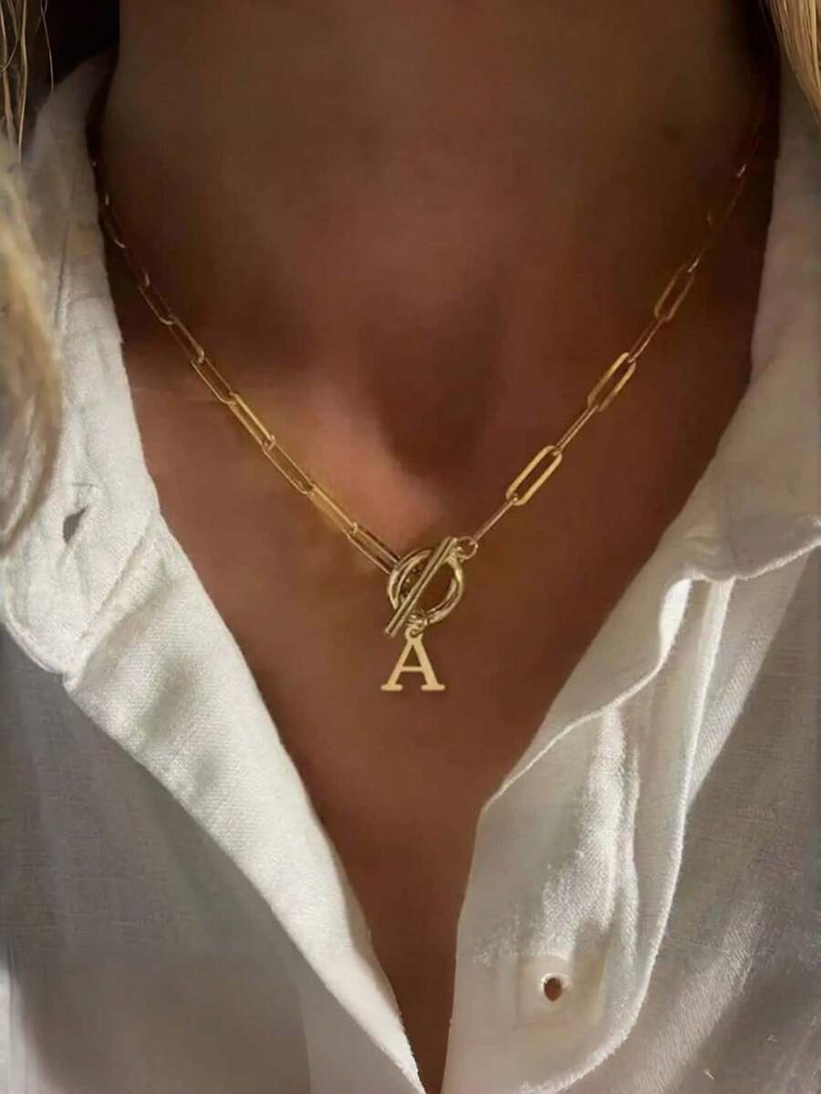 1pc Women's Initial Letter Necklace, Uppercase CZ A-Z Letter, Gold Necklace, Thick OT Clasp Choker, Hip Hop Jewelry - Gold - View 1