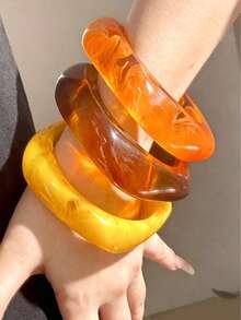 1pc-3pcs New Fashionable Minimalist Asymmetrical Geometric Square Resin Amber & Orange Tie Dye Stackable Bracelet, Suitable For Daily, Vacation, Party Occasions (Resin Tie Dye Color May Vary Slightly Batch By Batch, 3 Pieces Set Includes 2 Yellow Bracelets) (Please Refer To Size Chart, No Returns For Improper Fit) - Multicolor - View 15