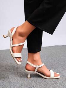 Women's Silver Square Toe Thin Strap Low Heel Sandals, Elegant Open Toe Summer Party & Date Shoes - White - View 6