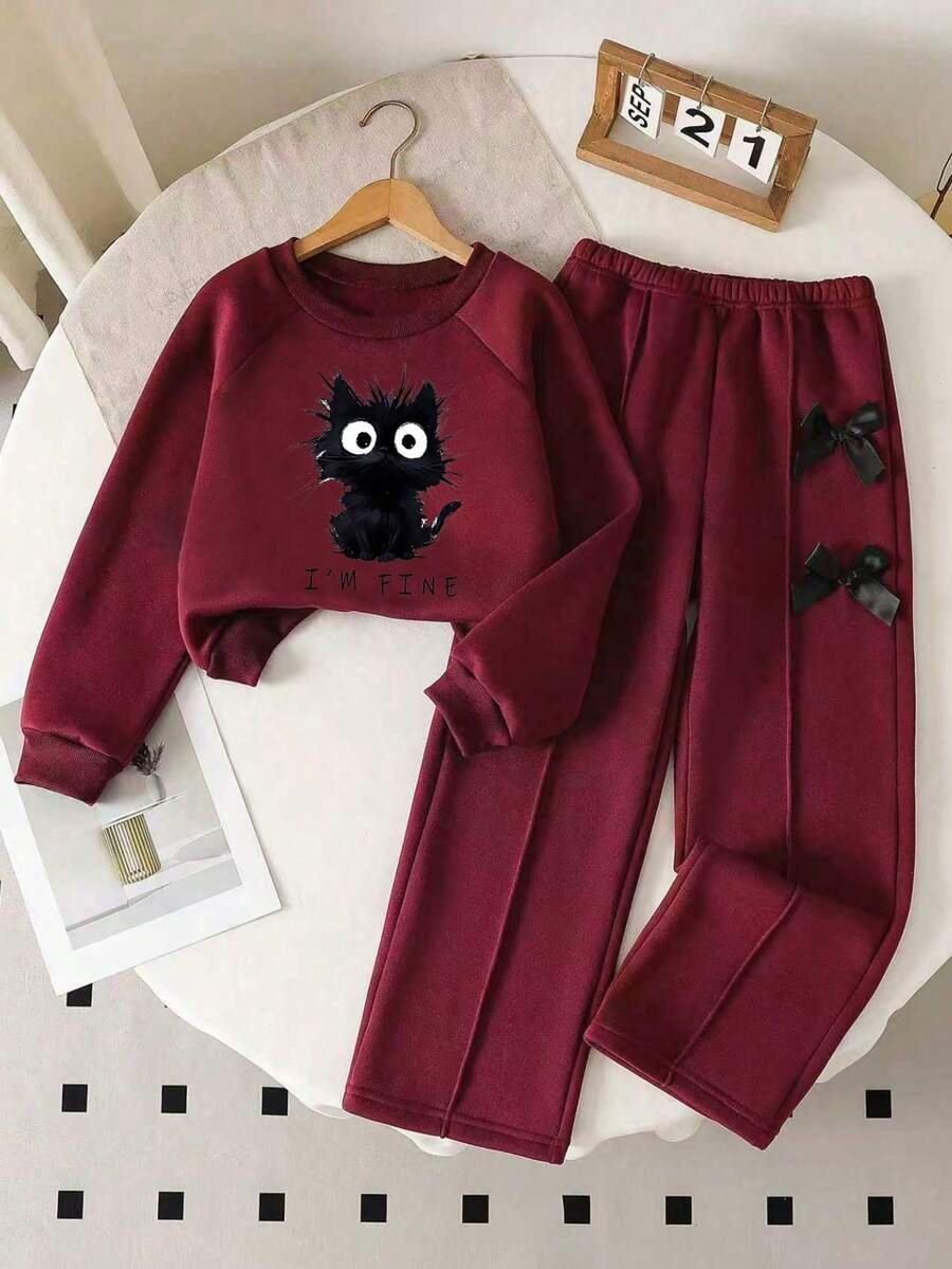 Sweatshirt Kerah Bulat Bergambar Kartun dan Celana Panjang Berhiaskan Pita untuk Anak Perempuan Remaja - Burgundy - View 1